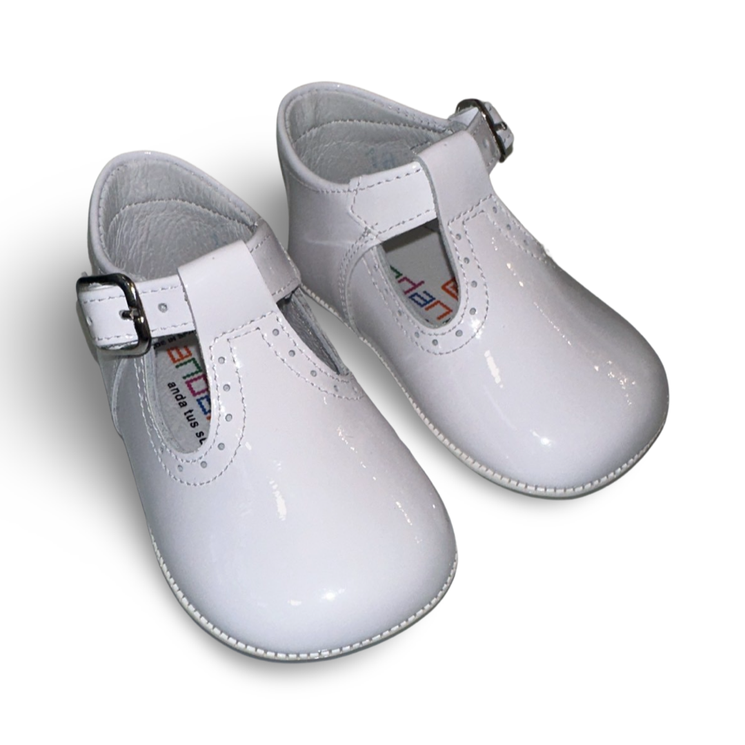 Andanines White Patent T Bar Pram Shoes