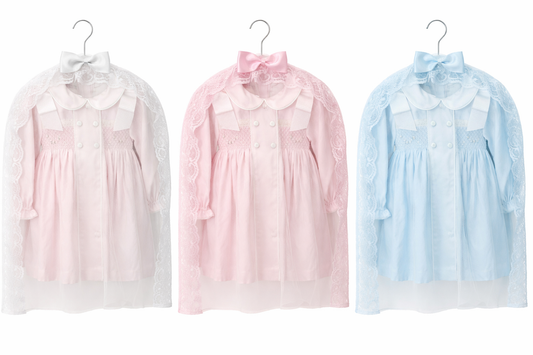 Luxury Lace Smocked Dress Cover – Protective Garment Bag with Satin Bow (Pink, White or Blue)