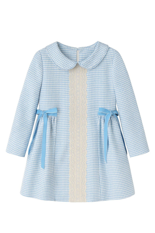 Babiné Blue Houndstooth Dress with Lace Trim & Velvet Bows | Spanish Girls Winter Dress (8–12 Years)