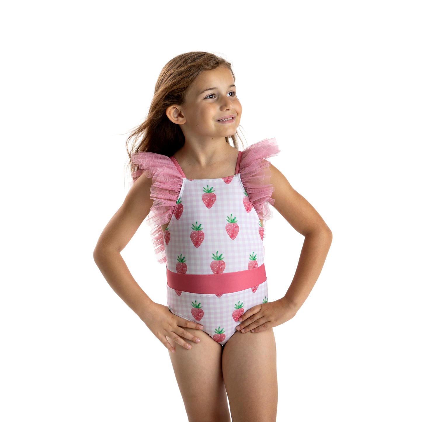 PRE_ORDER Girls Strawberries Tulle Shoulder Swimsuit