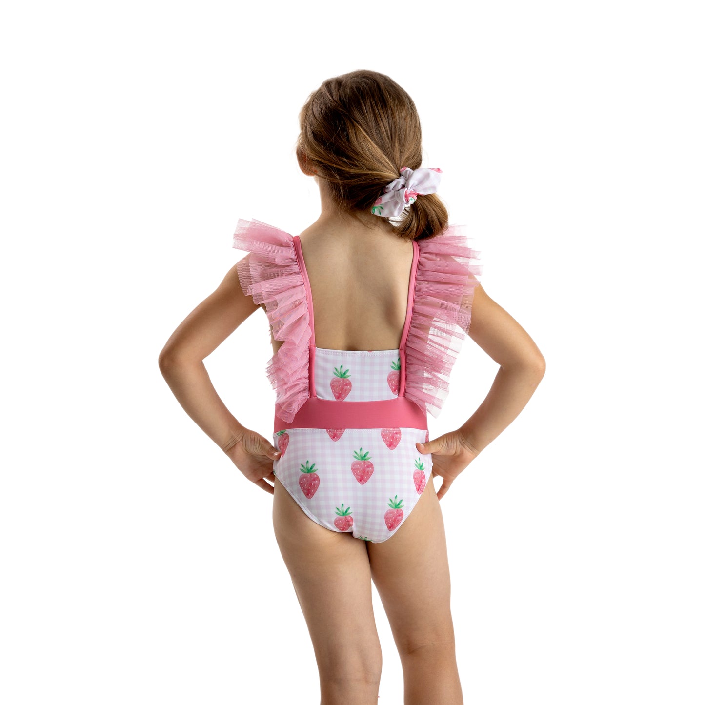 PRE_ORDER Girls Strawberries Tulle Shoulder Swimsuit