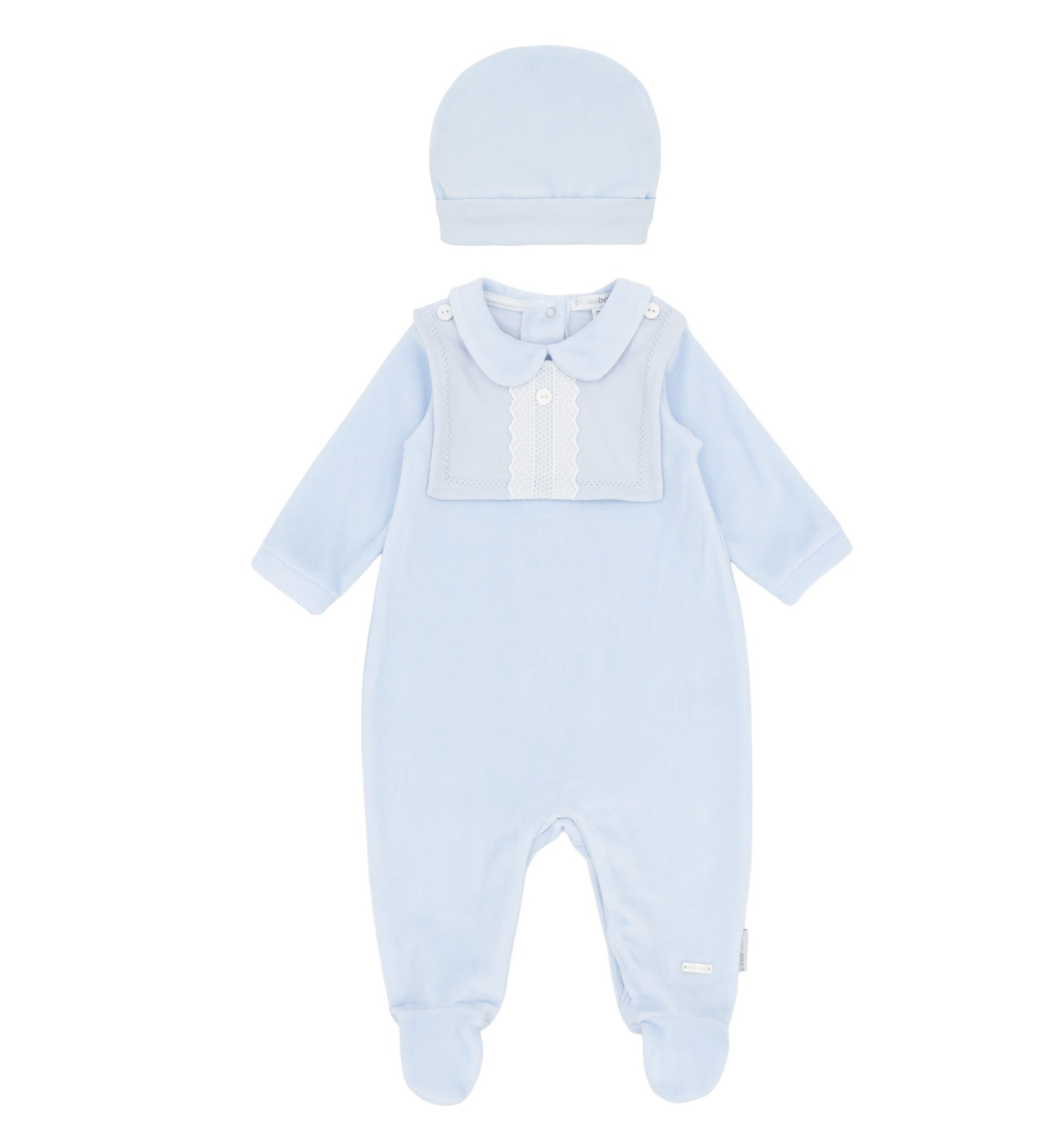 Blues Baby ‘Tivoli’ Boys Blue Velour All in One With Bib & Hat | Soft Blue (NB-12M)