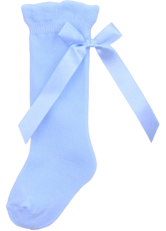 Baby Knee High Socks with Satin Bow | Classic Ribbon Socks in Blue (Newborn–2 Years)