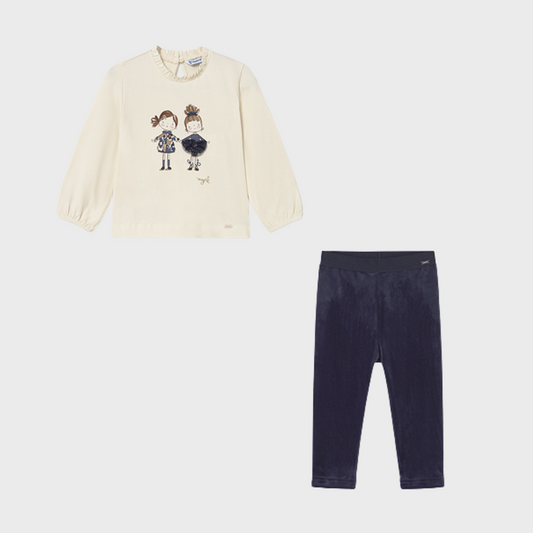 Mayoral Girls Cream Long Sleeve Top & Navy Velour Leggings Set | Winter Outfit with Glitter Print (12M -4 Years)
