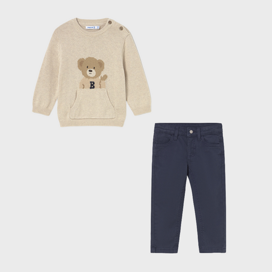Mayoral Baby Boy Teddy Knit Jumper & Navy Trousers Set | Soft Cotton Knitwear Outfit (12M–4Y)