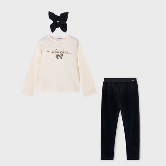 PRE-ORDER Mayoral Girls Cream “Hello” Top, Black Bow Headband & Velvet Leggings Set | 3-Piece Outfit (4–10 Years)