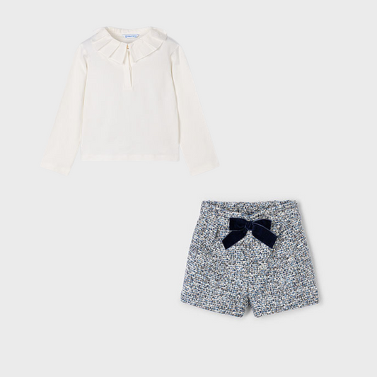 PRE-ORDER Mayoral Girls Cream Frill Collar Blouse & Navy Tweed Bow Shorts Set | Smart Occasion Outfit (4–10 Years)