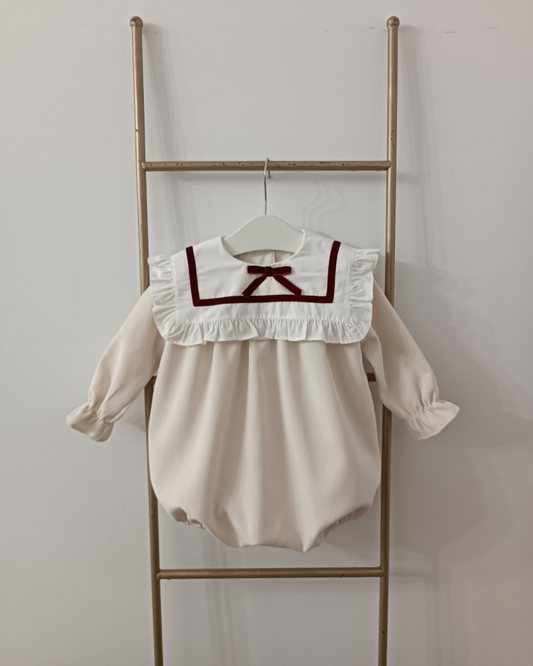 Puro Mimo Cream Velvet Baby Girl Romper with Sailor Collar & Burgundy Velvet Bow | Traditional Spanish Winter Outfit (6–24M)