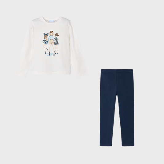 Mayoral Girls Navy & Ivory Leggings Set | Printed Long Sleeve Top & Stretch Leggings (4–10 Years)