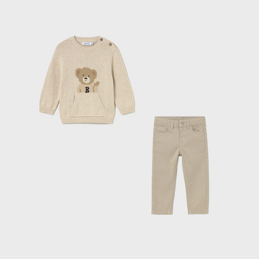 PRE-ORDER Mayoral Baby Boy Teddy Knit Jumper & Beige Trousers Set | Soft Cotton Knitwear Outfit (12M–4Y)