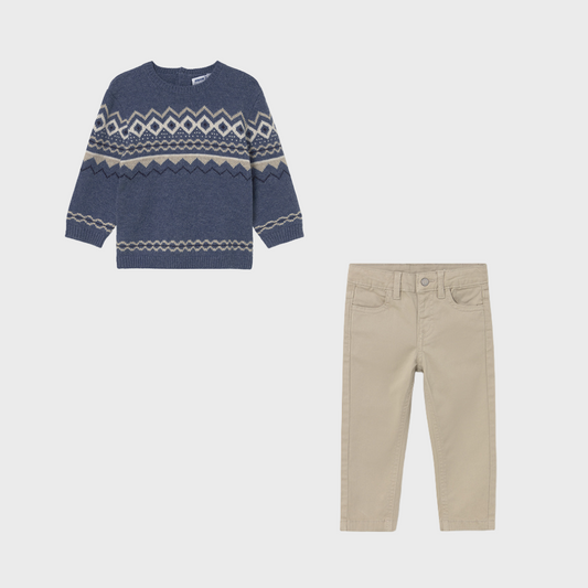 Mayoral Boys Blue Fair Isle Jumper & Beige Trousers Set | Winter Outfit for Toddlers (12M–4 Years)