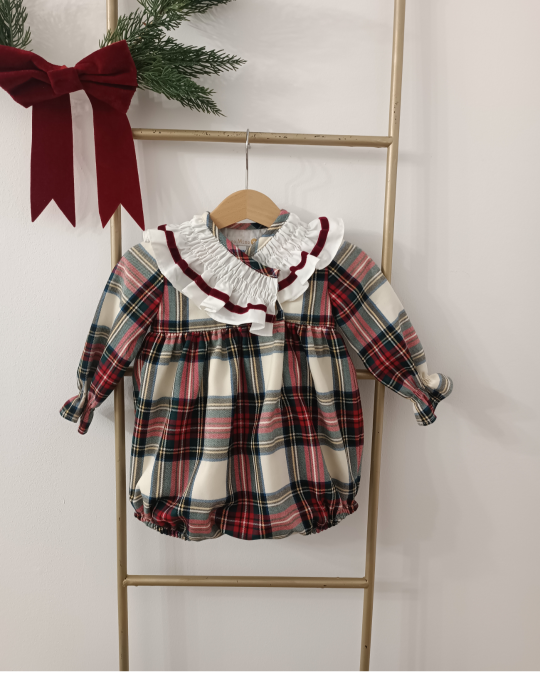 Puro Mimo Red Tartan Baby Romper with White Frill Collar & Velvet Trim | Spanish Christmas Romper (6–24 Months)