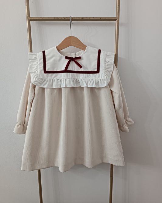 Puro Mimo Cream Velvet Dress with Frill Collar & Burgundy Velvet Bow | Spanish Girls Winter Dress (3Y–8Y)