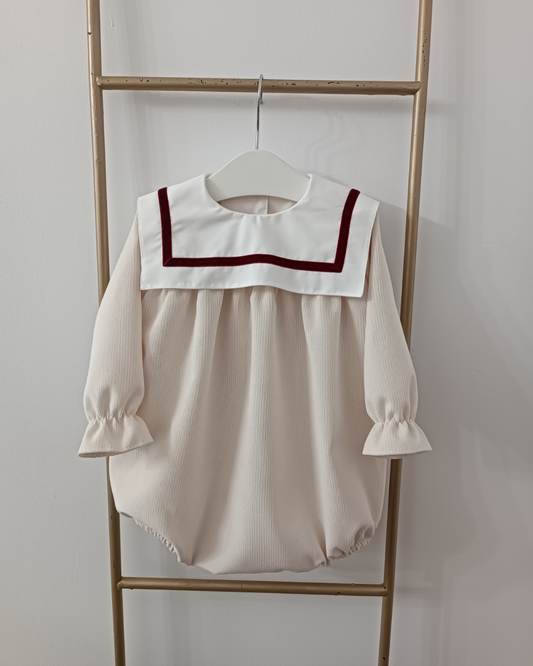 Puro Mimo Cream Velvet Baby Boy Romper with Frill Collar & Burgundy Velvet Trim | Spanish Baby Winter Outfit (6-36M)