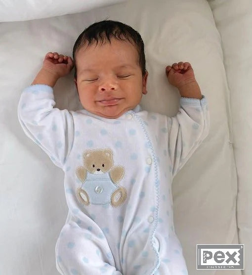 Pex White/Baby Blue Teddy Spot Sleepsuit | Prem to 3-6M