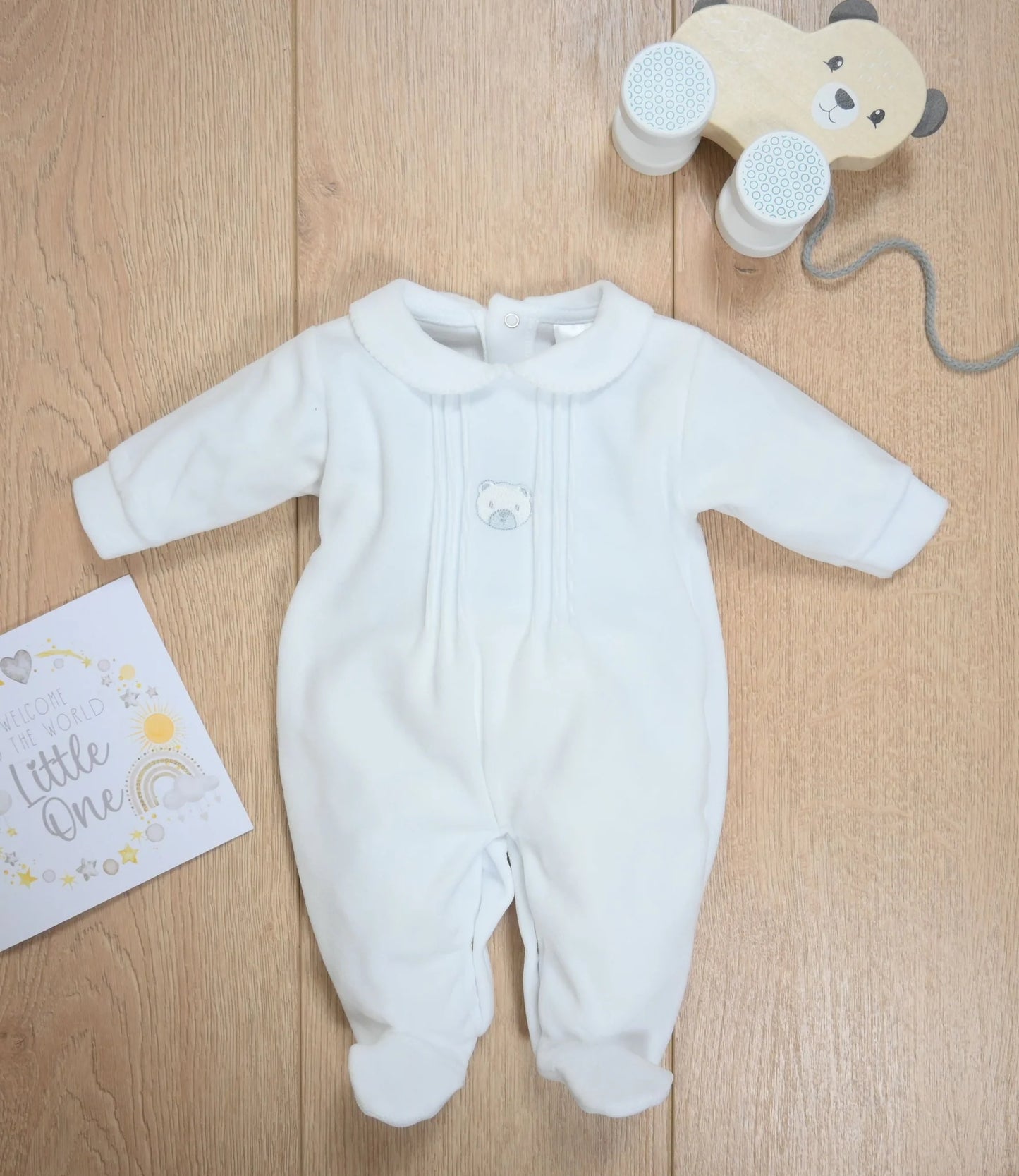 Pex White Velour Bear Sleepsuit | Prem to 3-6M