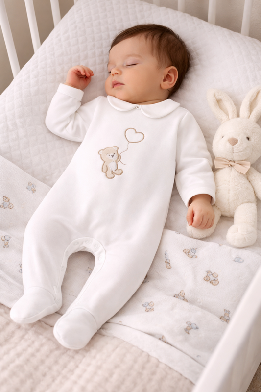 Pre-order Mayoral Baby Heart Balloon Embroidered Babygrow | Cream Teddy With Heart Embroidered Babygrow (0M–12M)