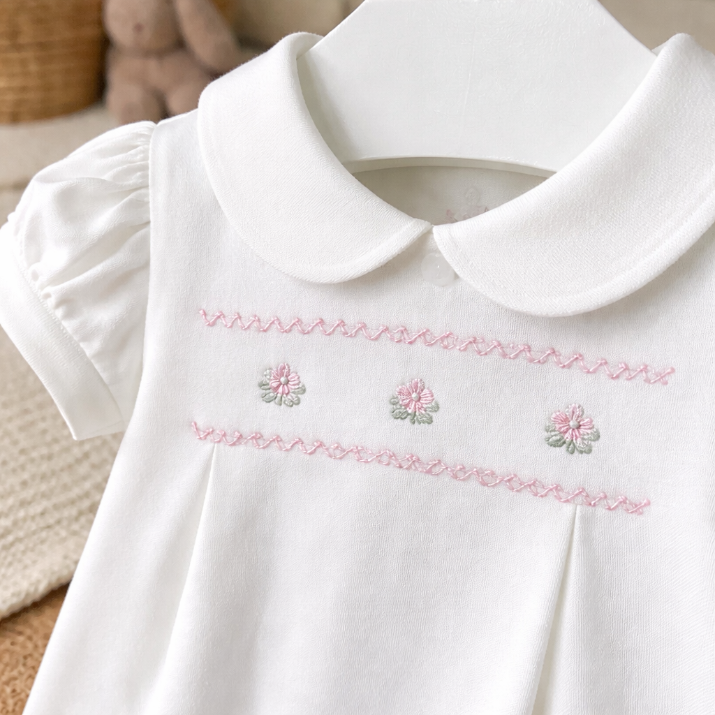 Pre-order Mayoral Baby Girl Rose/Embroidered Romper | Sage Green & Ivory Romper With Rose Embroidery (0M–18M)