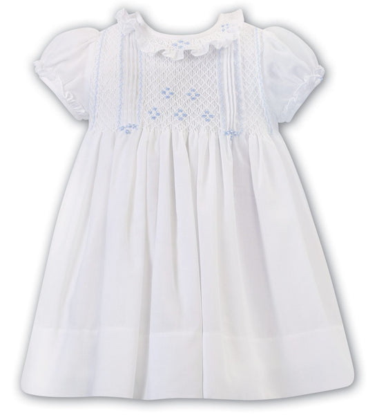 Sarah Louise Baby Girls Ivory & Baby Blue Smocked Short Sleeved Dress