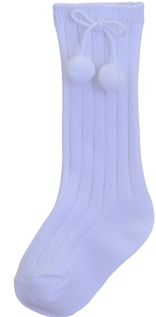 White Knee High Pom Pom Socks for Babies & Toddlers | Ribbed Cotton Long Socks