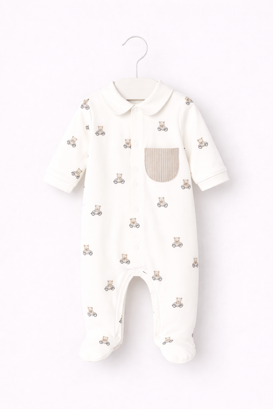 Mayoral Baby Boy Cream Teddy Print Babygrow | Cream Teddy Print Babygrow With Pocket (0M–12M)