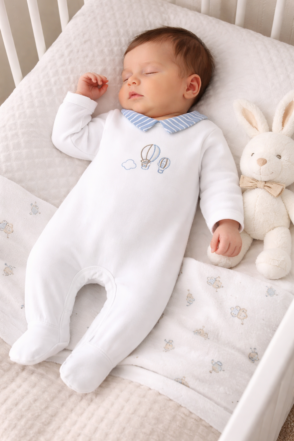 Mayoral Baby Boy Hot Air Balloon Embroidered Babygrow | White & Green Hot Air Balloon Babygrow (0M–12M)