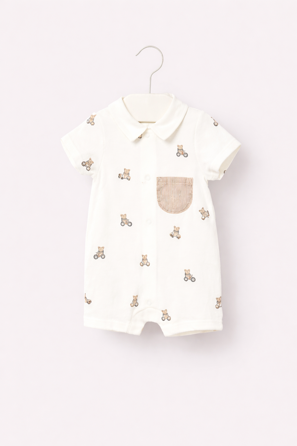 Mayoral Baby Boy Cream Teddy Print Romper | Cream Teddy Print Romper With Pocket (0M–18M)