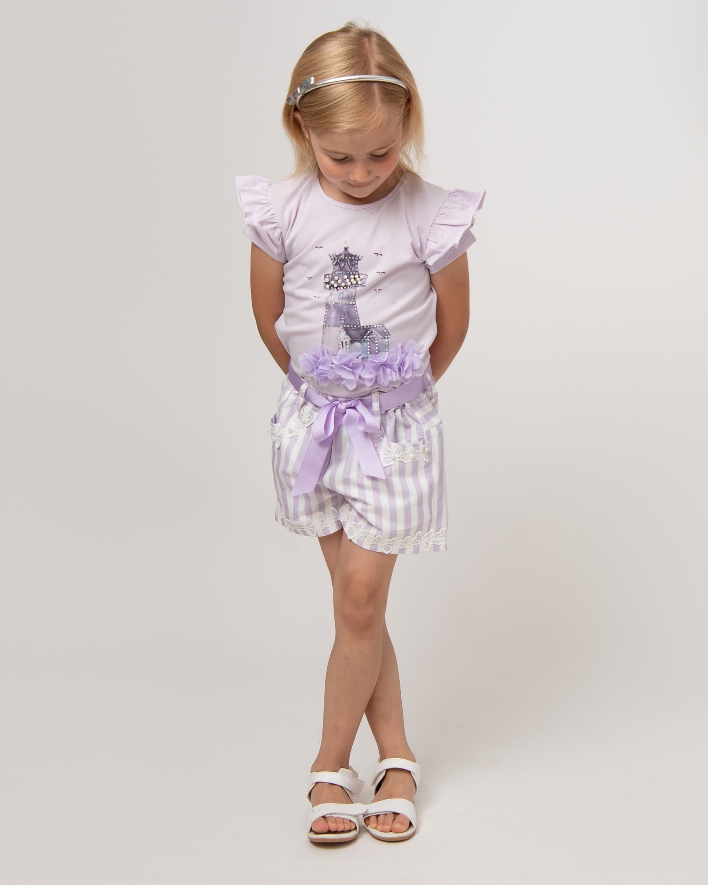 Girls Diamonte Lighthouse Striped Shorts Set - littlestarschildrenswear